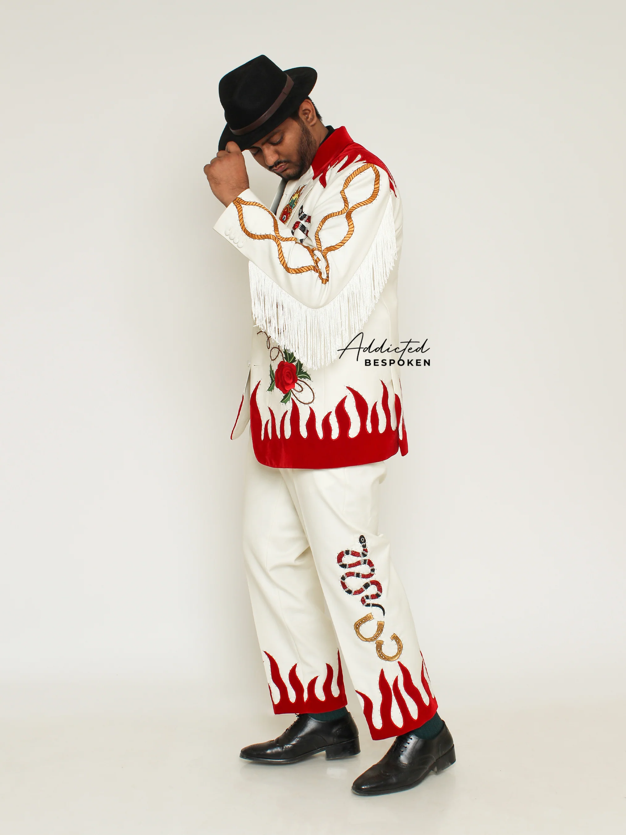 Rustic Blossom Embroidered Suit with Fringes - Image 3