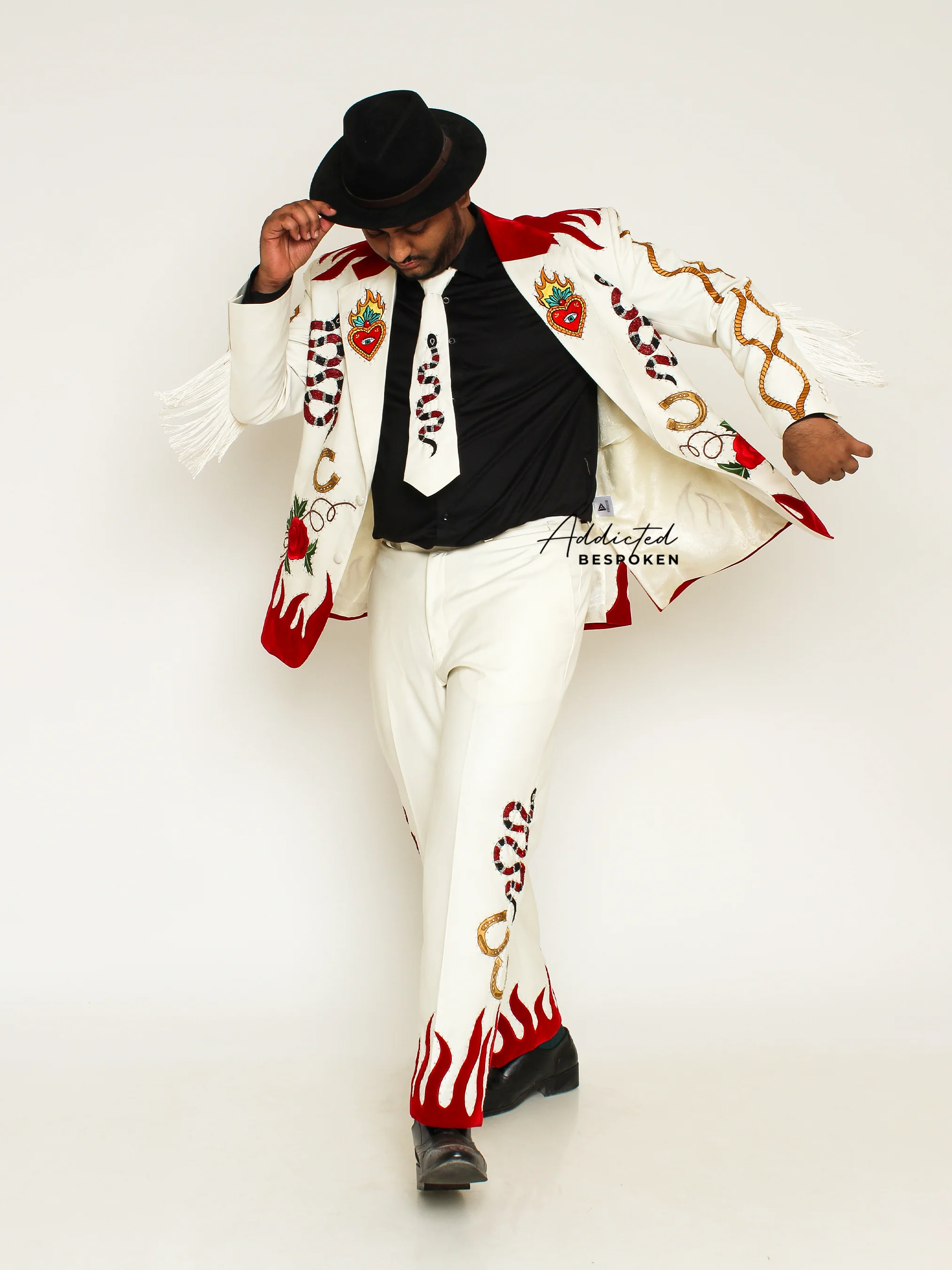 Rustic Blossom Embroidered Suit with Fringes - Image 4